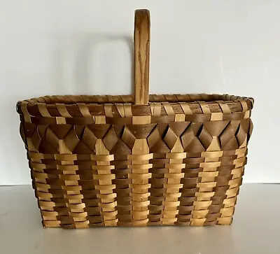 Vtg Native American Passamaquoddy ~ Ash Splint Handled Basket W/Curls ~ 15”Lx9 W • $129