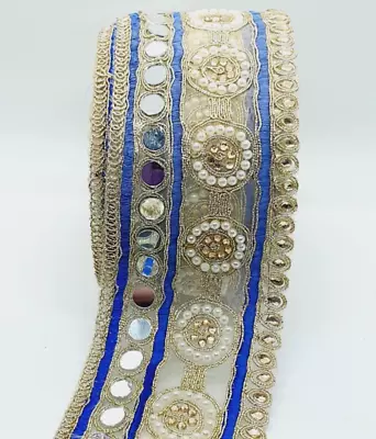 Mirror & Pearl BLUE Trim Lace GOLD Arab Indian Wedding Ribbon Crystal Applique • £7.49