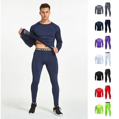 Mens Compression Tight Base Layer Long Under Shirt&Pants Sport Suit Set M-3XL • $24.99