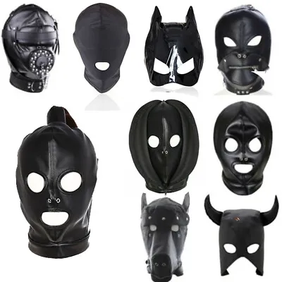 BDSM Black Pu Leather Head Bondage Hood Mask Open Eye Mouth With Zipper Couple • $8.99