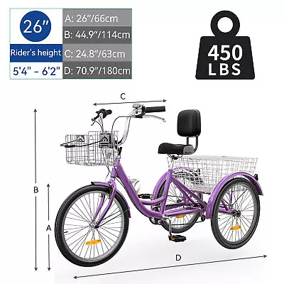 26  3-Wheels Adult Tricycle Trike 7-Speed Bikes W/Removable Basket Violet Purple • $238.89