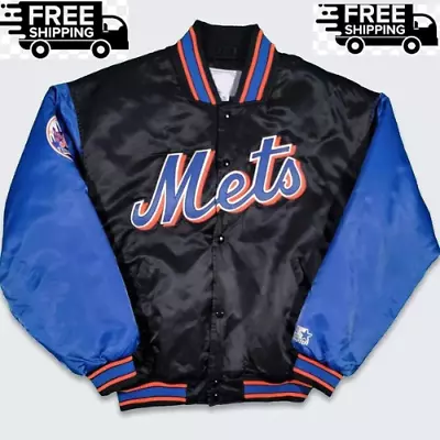 90’s New York NY Mets Men Varsity Black And Blue Vintage Snap Real Satin Jacket • $104.99