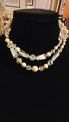 Vendome Long Faceted Crystal Vintage Signed 2 Strand Bead Necklace White Cream  • $43