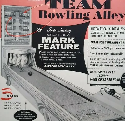 Team Bowling Alley Arcade Flyer 1958 Original Ball Bowling Game Promo 8.5  X 11  • $25.50