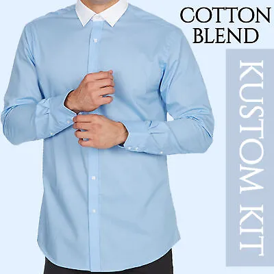 Mens Contrast Collar White Shirt Blue Long Sleeve Wedding Formal Office Party UK • £8.99