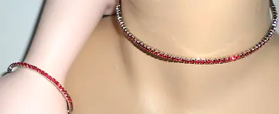 2 Pcs 80's Vintage Swarovski Red Siam Memory Wire Tennis Necklace Bracelet Set  • $12