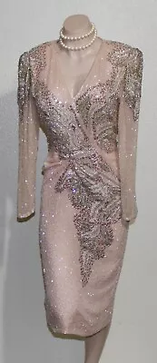 Vintage Elaborate Hand Beaded Sequin Evening Dress Beverly Hills Size Small Silk • $399