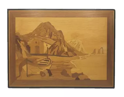 Marquetry Wood Inlay Wall Art Picture Beach Boat Coastal Scene Italy 15 X 11     • $39.99