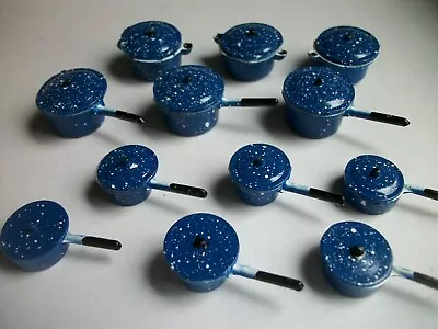 Miniature Cooking Pots W Lids Doll House Blue Spatterwear Lot 24 Pieces E • $11.99