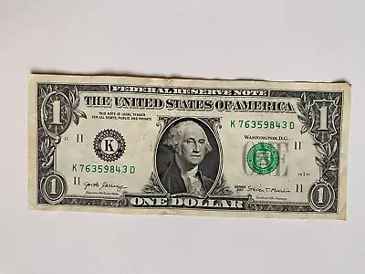 One Dollar Bill Serial Number K 76359843 D $1 Note US Real Money 2017 ACCEPTABLE • $14.99
