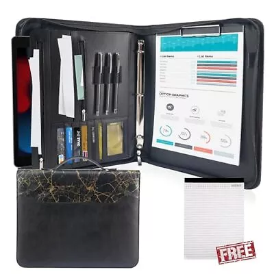 Zippered Leather Padfolio Portfolio Folder With Handle And Clipboard 3-Ring ... • $41.09