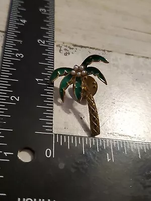 Vintage Brooch Pin Palm Tree With Faux Pearls Gold Tone Enamel Green Qp • $8