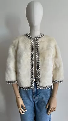 White Mink Evening VTG Dressy Short Bolero Jacket Rhinestone Pearls Pelz Karl M • $500