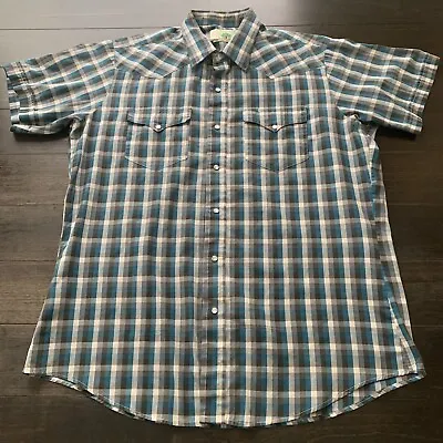 VTG Mesquite Pearl Snap Shirt Mens Size 17 Large Made In USA Blue Check Western • $18.30