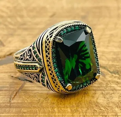 Men Silver Ring Green Emerald Zircon Stone Ring 925K Mens Jewelry All Sizes • $49