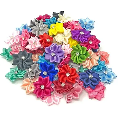 £2.99 • Buy Multi Colour Satin Ribbon Flowers & Rhinestone Diamante Centre 25mm Craft Flower