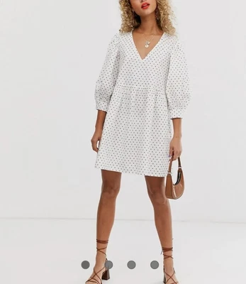 $29.95 • Buy ASOS DESIGN V Front V Back White Smock Mini Dress In Polka Dot New Size 18