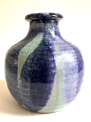 Studio Art Pottery Vase Blue And Sage Green Glaze Weed Pot Vintage Stoneware • $10