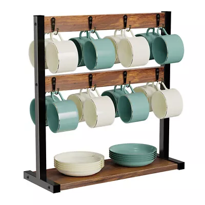 Wood Coffee Mug Holder Stand 2 Tier Kitchen Cup Display Storage Rack W/ 16 Hooks • £19.91