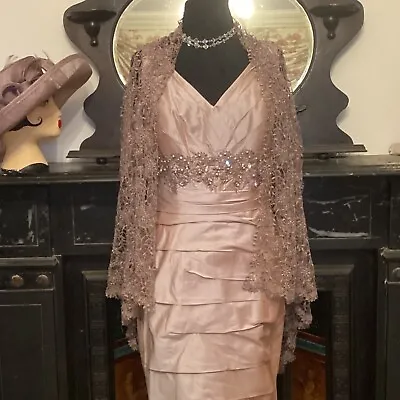 Ian Stuart Mother Of The Bride Silk Dress With Lace Cape ‘Gingerbread’ Size 14 • £300