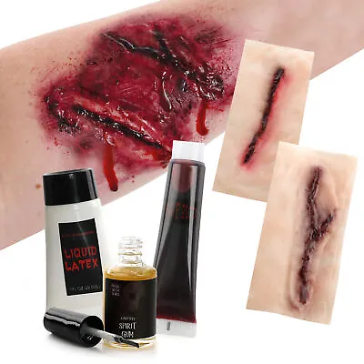 Fake Scar Wounds Set X2 Sfx Zombie Fancy Dress Halloween Latex Gum Blood • £4.99