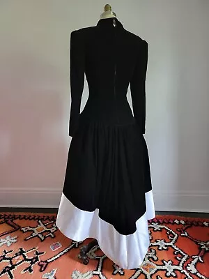 EXQUISITE VTG MORTON MYLES BLACK VELVET DRESS W/ HIGH LOW DUCHESS SATIN HEMLINE • $299