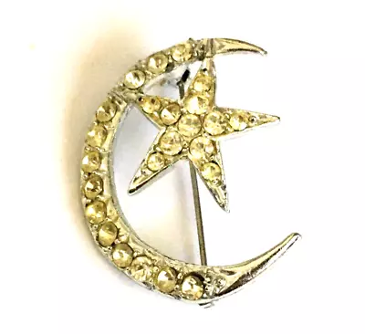 Vintage Silver Tone Crescent Moon Star Brooch Pin Pave 1 3/4  • $10.99