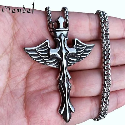MENDEL Big Mens Stainless Steel Angel Wings Cross Pendant Necklace For Men Chain • $11.99