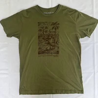 Jams World T Shirt Men's Size 2XL Green Old Hawaii Scene Ocean Palm Tree 1466 • $24.49