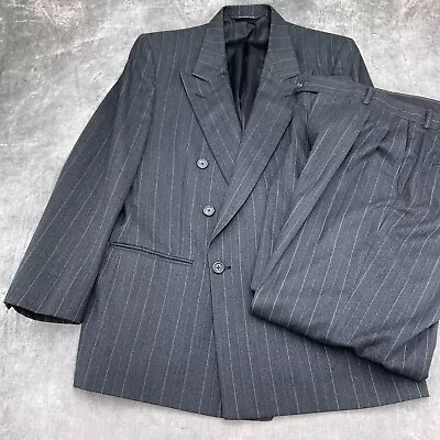 Burberrys Suit Men 40/34W X 29L Gray White Pinstripe Wool Union USA VTG 2 Pc • $149.97