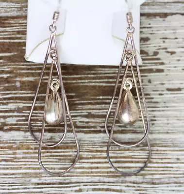 Vintage Teardrop Wire Sterling Silver Dangle Drop Earrings 925 Pretty • $30