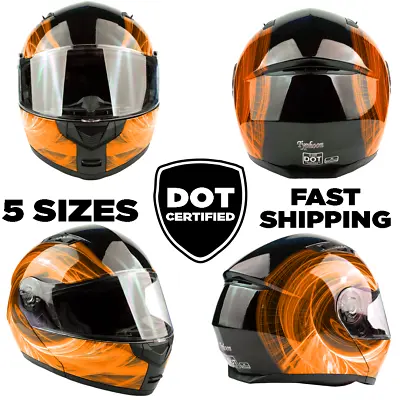 DOT Flip Up Modular Helmet Motorcycle Adult Orange Swirl Integrated Sun Visor • $69