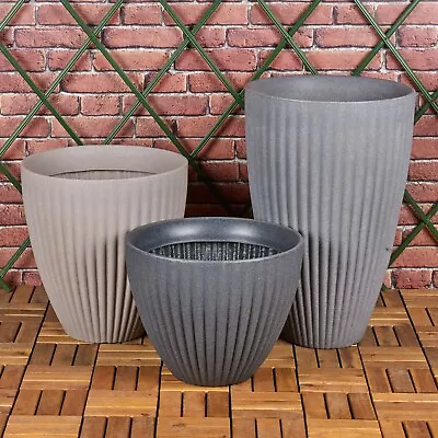 3 Size Round Ribbed Indoor Outdoor Tall Stone Effect Flower Plant Pot Planters • £21.75