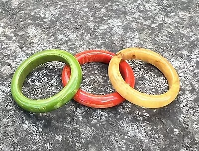 Lot Of 3 Vintage Plastic Bakelite Stacker Rings Marbled Green Orange Yellow Set • $36