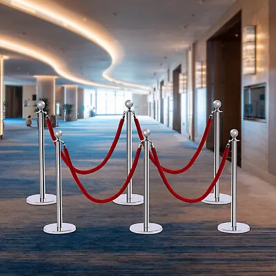 6PCS Stainless Steel Stanchion Post Queue Crowd Control W/ Red Velvet Rope 39  • $76.23