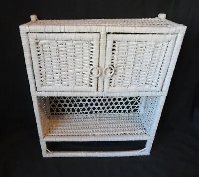 Vintage White Wicker Bathroom Cabinet Shelf Towel Bar • $49.95