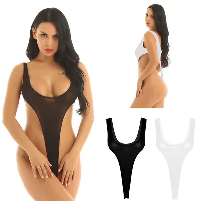 Women See Through Sleeveless High Cut Thong Leotard Bodysuit Vest Top Lingerie • £7.35