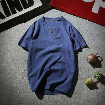 $10.08 • Buy ⭐⭐Mens Henley Neck Plain Loose T-Shirt Short Sleeve Casual Summer Grandad Shirts