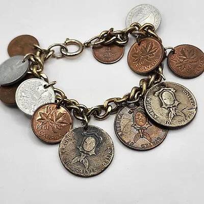 Vintage Charm Bracelet Coin Travel Heavy 6   • $27.74