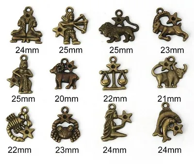 SET 12 ANTIQUE BRONZE ZODIAC CONSTELLATION CHARM PENDANTS 25mm~Can Fit Ss9 (74A) • £3.30