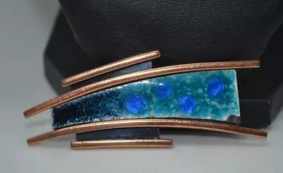 Abstract Copper & Blue - Green Enamel Brooch 3 In. Signed Matisse Renoir JA55 • $15.20