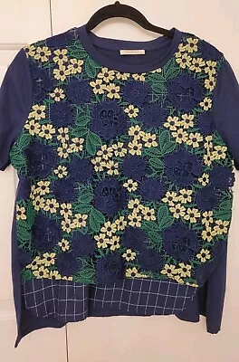 NWOT Zara Floral Crochet Check Navy Tee Shirt Size L • $19