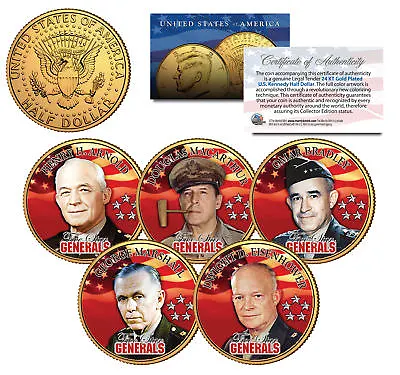 5-STAR GENERALS U.S. ARMY Colorized JFK Half Dollars 5-Coin Set 24K Gold Plated • $29.95