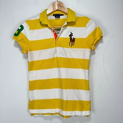 Ralph Lauren Big Pony Polo Shirt Women Small Cotton Yellow White Green Stripe #3 • $24.89