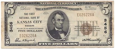 1929 $5 National Currency First Nat'l Bank Kansas City MO Very Fine VF+ • $129