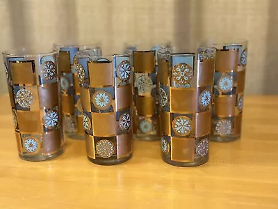 Culver Turquois & Gold Highball Tumbler Glasses Set If 8 Mid-Century Modern • $129