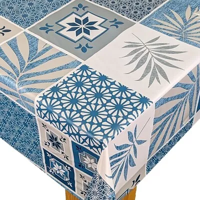 Leafy Geometric Tiles Blue Grey PVC Vinyl Wipe Clean Oilcloth Tablecloth • £7.99