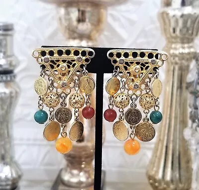 $64.99 • Buy Vintage Couture Ben Amun Coin Dangle Beaded Lucite Clip On Earrings