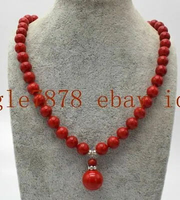 Fashion 8mm South Sea Red Coral Round Gemstone Pendant Necklace 20'' • $3.19