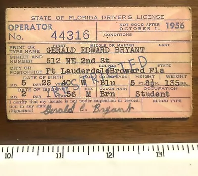 Vintage 1956 State Of Florida Driver's License Jr Ft Lauderdale Broward • $14.95